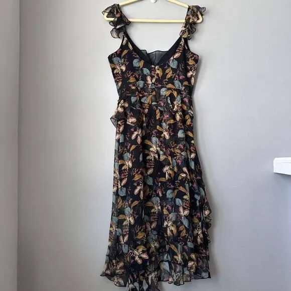 Nicholas Midi Dress US 6 Black Silk Romantic Asymmetric Floral Fairy Whimsygoth - Picture 1 of 10